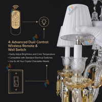 Lustre en cristal à 8 lumières avec abat-jour en tissu, télécommande réglable 3 couleurs pour salon, hôtel