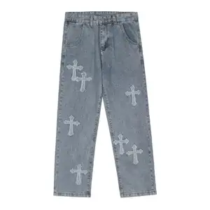 Aangepaste Straight Hiphop Patch Geborduurde Cross Pattern Heren Jeans Jeans Voor Heren Denim Broek Mannen Groothandel