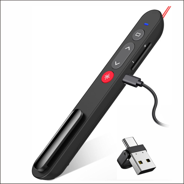 Recharging Power 2.4Ghz Wireless Presenter Remote Control Clip Type Laser Pointer with USB +USB C Receiver PPT Page Turning
