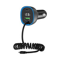 Cargador de Coche con Cable Retráctil Tipo-C de 3 Puertos, PD/USB-C/QC3.0/USB-A, Carga Rápida, Adaptador para Encendedor de Cigarrillos, para Coches de 12-24V, 1 Año de Garantía