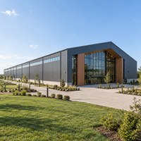 Bâtiment commercial moderne en structure acier préfabriquée, avec bardage isolant, pour entrepôt, bureau ou atelier.
