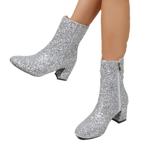 Scarpe da donna di lusso grandi dimensioni punta tonda con paillettes con tacco spesso stivali rosa con tacco alto - Product Image 5