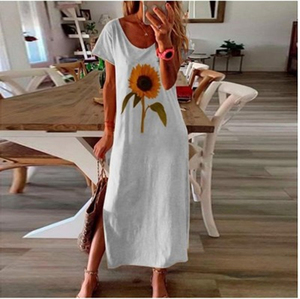 Robe <span class=keywords><strong>de</strong></span> maison pour femmes, tendance, col rond, manches courtes, en lin, motif tournesol, respirante - Product Image 4