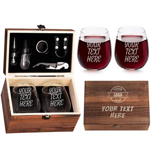 Set de Regalo Corporativo con Logotipo Personalizado, <span class=keywords><strong>Copas</strong></span> de Vino Tinto sin Tallo <span class=keywords><strong>Grabadas</strong></span>, Abridor y Tapón de Vino de Madera, Elegante Caja de Regalo - Product Image 1