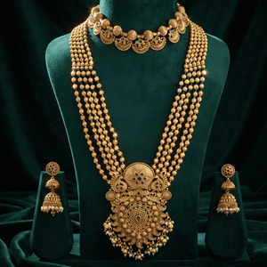 Conjunto de Joyería Nupcial Tradicional Chapado en Oro Cobre Mate, Collar Haram Multicapa, Gargantilla y Pendientes Jhumka para Boda - Product Image 2