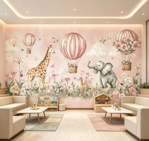 Wasserdichte Weiche Rosa Tierpark Wandbild Kinderzimmer Wanddekoration Wolke Heißluftballon Giraffe <span class=keywords><strong>Elefant</strong></span> Kindertapete - Product Image 3