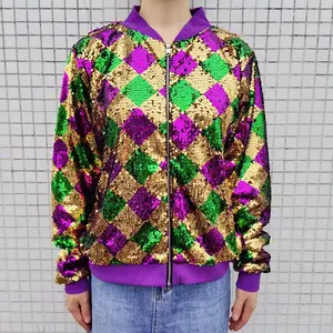 2024 Zipper Plaid New Orleans Women's Sequin Jacket Long Sleeve Mardi Gras Apparel Kids Holiday's Game Day Outfit