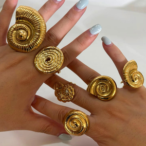 Anneaux ouverts en acier inoxydable sans ternissement plaqué or 18 carats avec <span class=keywords><strong>strass</strong></span> en forme de coquillage pour femmes, réglables, bijoux de plage tendance - Product Image 1
