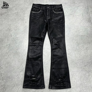 <span class=keywords><strong>Jeans</strong></span> da <span class=keywords><strong>Uomo</strong></span> in Denim Cerato Svasati a Zampa d'Elefante Neri a <span class=keywords><strong>Vita</strong></span> <span class=keywords><strong>Bassa</strong></span>, Vestibilità Aderente, Stile Vintage con Effetto Consumato e Personalizzati all'Ingrosso - Product Image 1