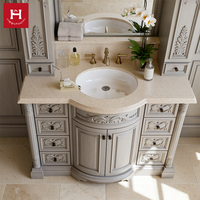Meuble-lavabo double de luxe Happy Houses en bois massif gris de style européen avec station de toilette centrale et pilastres corinthiens