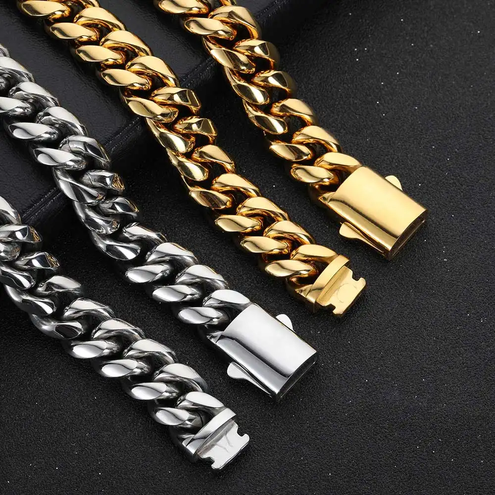 Nuoya Custom Logo Miami Cuban Link Ketting Voor Mannen Roestvrij Staal Hiphop Sieraden Vergulde Cubaanse Ketting