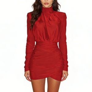 Robe mini moulante à col montant et froncée pour femme, à manches longues, avec ourlet portefeuille, pour les soirées, tendance - Product Image 4