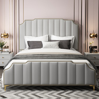 Juego de Muebles de Dormitorio con Cabecera Dorada de Lujo, Cama de Cuero Moderna de Estilo Europeo, Cama Doble King Size y Queen Size de Cuero Suave