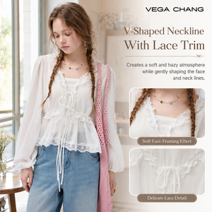 Blusa Blanca <span class=keywords><strong>de</strong></span> Gasa VEGA CHANG para <span class=keywords><strong>Mujer</strong></span> con Encaje, Cintura con Lazo y Mangas Abullonadas, Estilo Bohemio Dulce - Product Image 2