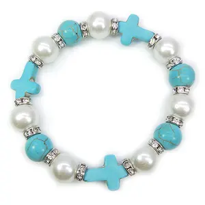 Flash Diamond Pearl Turquoise Cross Beaded Bracelet Stretch Rope Hand String Gift