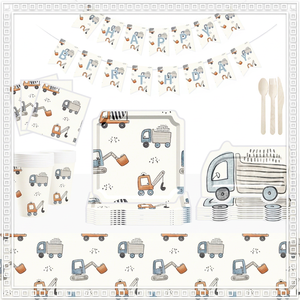 Fournitures de fête d'anniversaire DAMAI Construction avec un ensemble de vaisselle en papier sur le thème du tracteur et du camion, assiettes, gobelets, serviettes, couverts pour enfants - Product Image 1