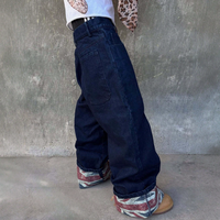 Jean en denim bleu foncé ample et décontracté pour homme, coupe large, avec revers retroussés et imprimé drapeau britannique vieilli, style hip-hop urbain