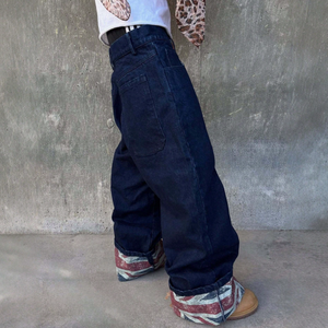 Jean en denim bleu foncé ample et décontracté pour homme, coupe large, avec revers retroussés et imprimé drapeau britannique vieilli, style hip-hop urbain - Product Image 2