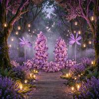Set Menara Bunga Lavender Ungu Ajaib dengan Bunga Kertas Raksasa untuk Dekorasi Latar Panggung Pernikahan Bergaya Dongeng yang Memesona