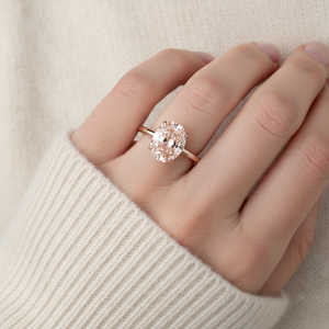 خاتم إصبع الوردي بتصميم هالو مخفي من الماس المختبري 0.8 قيراط قطع بيضاوي ذهب وردي عيار 18 قيراط خاتم خطوبة منفرد - Product Image 4