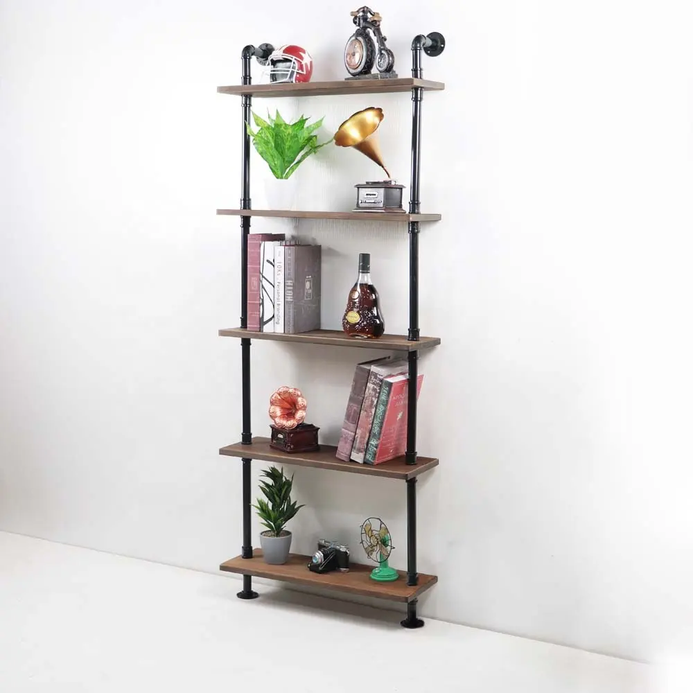DIY Industrial Pipe Shelving Bookshelf Rustic Modern Wood Pipe Wall Shelf Wall Rack With 5 Tier