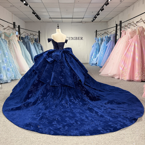 Robe de bal Quinceañera élégante bleue en jacquard avec perles, traîne chapelle, décolleté cœur, appliques en dentelle, perles et imprimé cristal 1513 - Product Image 4
