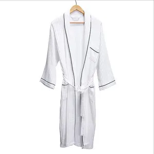 Wholesale Custom Logo Luxury Spa Bath Robe 100% Cotton Shawl Collar Stripe Velour Bathrobe For 5 Star Hotel Bathroom