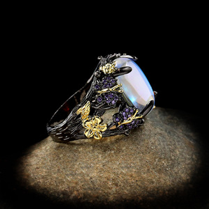 KYRA01280-Anillo de piedra lunar colorido chapado en oro antiguo para mujer, joyería de moda - Product Image 3