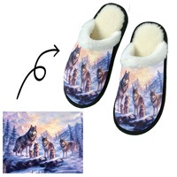 Chaussons d'hiver en peluche pour la maison, motif loup de montagne enneigée, semelle souple en TPR antidérapante, thermiques et épais, pour homme et femme, style décontracté classique