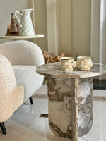Table basse de luxe en marbre Calacatta Purple, table d'appoint en pierre naturelle veinée gris-violet, design à base fendue pour salon