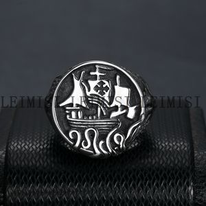 Joyería de acero inoxidable Vintage Punk <span class=keywords><strong>Drakkar</strong></span> Ship Kraken anillos nórdico mar monstruo pulpo calamar tentáculo anillo de sello hombres - Product Image 3