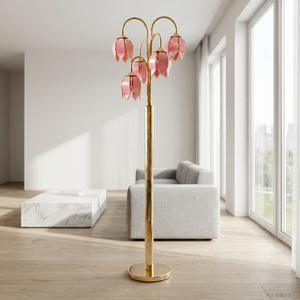Lámpara de Pie Clásica E26 con Delicadas Pantallas de Cristal Rosa y Acabado Dorado Brillante - Product Image 4