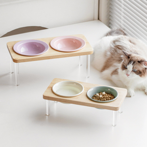 Bols en céramique surélevés 2-en-1 anti-vomissement pour chiens et chats, support en bois et acrylique, logo OEM, vente en gros éco-responsable Shamitao - Product Image 1