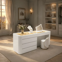Table de toilette moderne en pin massif style crème avec miroir éclairé et tiroirs double face