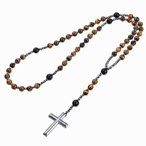 Nuevo Collar de Moda con Cuentas Redondas de Obsidiana y Ojo de Tigre, Cadena Larga con Cruz, Joyería y Accesorios para Hombre - Product Image 2