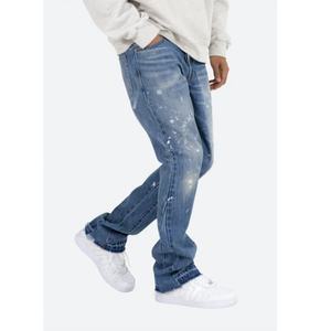 Pantalon de créateur personnalisé coupe droite ample patchwork bleu contrastant bords bruts effet peinture éclaboussée pour homme jean évasé - Product Image 1