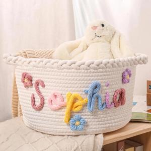 Panier-cadeau, paniers personnalisés pour baby shower avec nom, organisateur de rangement en coton et corde pour jouets de nouveau-nés garçons et filles - Product Image 1