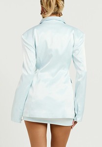 Vestido Blazer de Satén Azul Claro para Mujer con Cuello de Solapa y Diseño de Manga Larga con Botones - Product Image 4