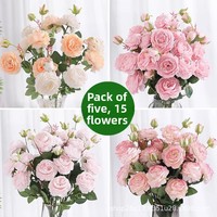 Grosir buatan 3-cabang asing Peony mawar buket bunga sutra plastik untuk dekorasi bunga dekoratif tanaman