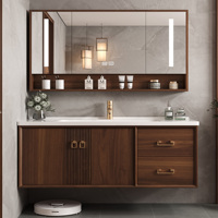Meja Rias Kamar Mandi Mewah Bergaya Retro dari Kayu Walnut Solid dengan Wastafel, Bak Cuci Keramik Terintegrasi, Kabinet Cermin Pintar, Pemasangan di Dinding