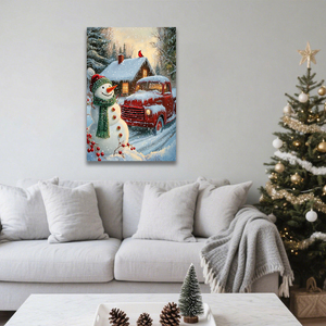 Looife giáng sinh người tuyết & Xe tải màu đỏ vải in tường nghệ thuật-hồng y Chim & cảnh cabin mộc mạc, Lễ Hội Mùa Đông trang trí nhà - Product Image 2