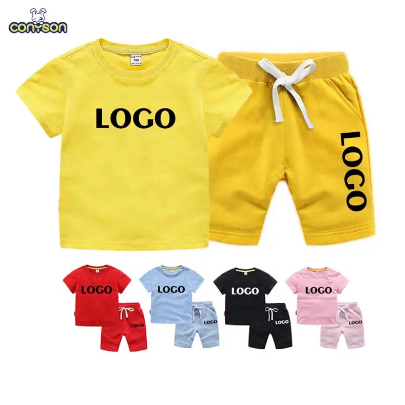 Conyson Hot Sale Custom Logo Fashion Short Sleeve Solid Cotton boutique Jogger 2pcs Suits Kids Boys Short Clothing Tracksuits
