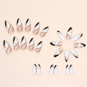 Uñas Postizas Estilo Francés con Diseño de Rayas en Negro, Blanco <span class=keywords><strong>y</strong></span> Dorado, Forma de Almendra, Pre-Diseñadas para Uso en Dedos - Product Image 4