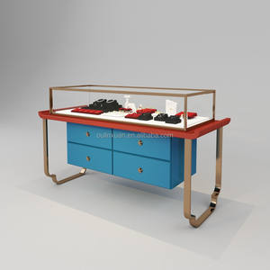 Table de présentation de bijoux de style chinois traditionnel, comptoir <span class=keywords><strong>vitrine</strong></span>, support en acier inoxydable laqué rouge et peint en bleu, MDF, OEM/ODM - Product Image 1