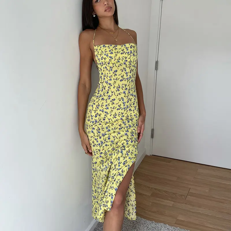 European and American Style Women's Clothing Hot Selling 2024 Split Backless Dress Spring New Women Sexy Floral Dress