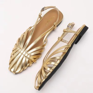 2026 New Premium Gold Metallic Square Toe Slingback Flats Woven Strappy Casual <b>Sandals</b> - Product Image 1