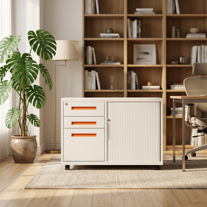 Small Modern Steel and Glass Iron Storage <b>Cabinet</b> with Lock, Low File and Drawer, for Office Home <b>Desk</b> Bedside Gym - Product Image 3