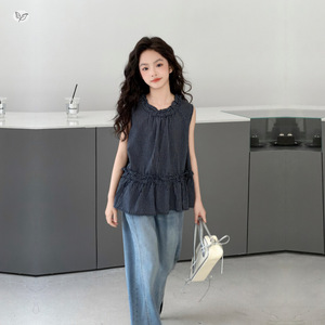 Nouvel ensemble de vêtements d'été pour filles, débardeur sans manches en dentelle à carreaux, pantalon long évasé en jean, <span class=keywords><strong>tenue</strong></span> deux pièces - Product Image 1