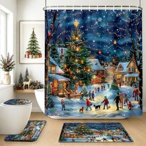 Rideau de Douche en Polyester Imprimé Numérique Motif Villages de Noël Bleus, Imperméable, Personnalisable, Vente en Gros, Moderne - Product Image 6