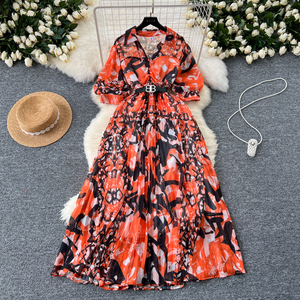 Vestido largo con cuello en V de estilo étnico para mujer, estampado de gasa plisado, decoración de encaje informal, estilo dulce, boutiques gratis - Product Image 5